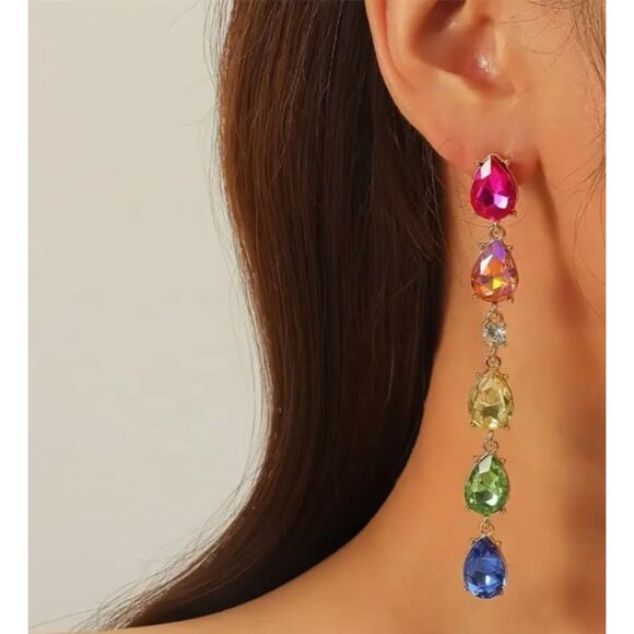 Long Raindrop Shaped Colored Rhinestones 3.86" Earrings - Picture 8 of 8